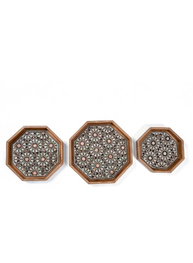 Handmade Piece Beech Wood Octagonal Serving Tray Set Inlaid with Natural Shell & Mother of Pearl, Brown & Multicolor - Sizes 27, 30 & 35 cm - Image 3