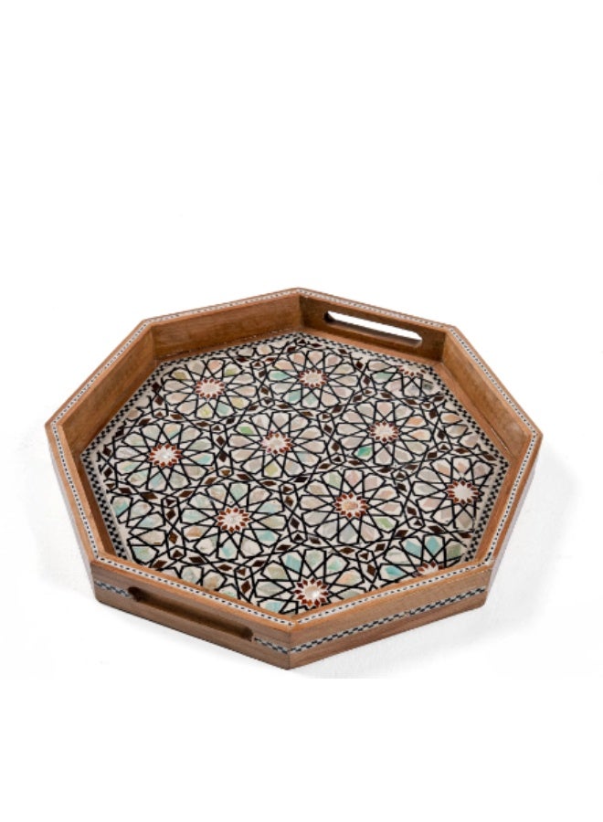 Handmade Piece Beech Wood Octagonal Serving Tray Set Inlaid with Natural Shell & Mother of Pearl, Brown & Multicolor - Sizes 27, 30 & 35 cm - Image 4