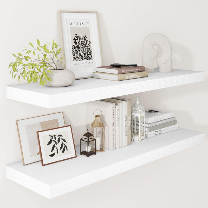 Vivelove 12 Deep Floating Shelves for Wall, 24/36/48/55 Inch Shelves for Room Wall Mounted, 2" Thick Floating Shelf for Living Room Bedroom Bathroom Kitchen Laundry Room, Set of 2 White - Image 1