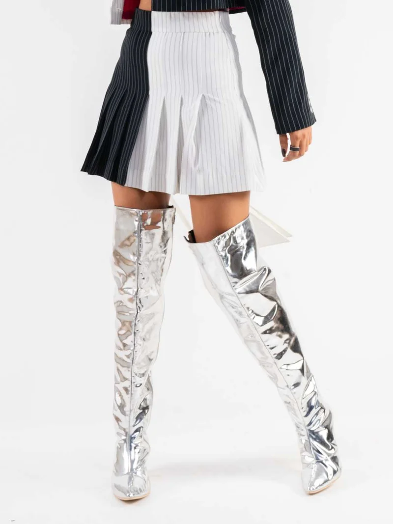 EMJAY Silver Glossy Boots – 3" Heel Patent Vegan