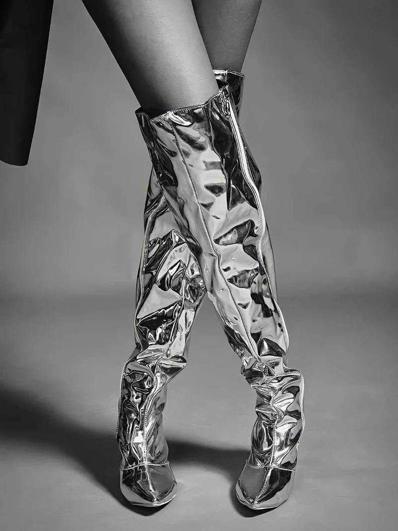ZORIWORLD Silver EMJAY Silver Glossy Boots – 3" Heel Patent Vegan for Women | Best Price UAE