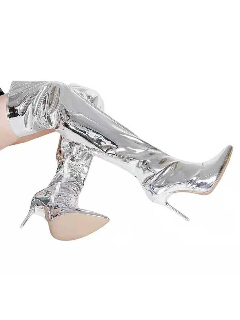 ZORIWORLD Silver EMJAY Silver Glossy Boots – 3" Heel Patent Vegan for Women | Best Price UAE