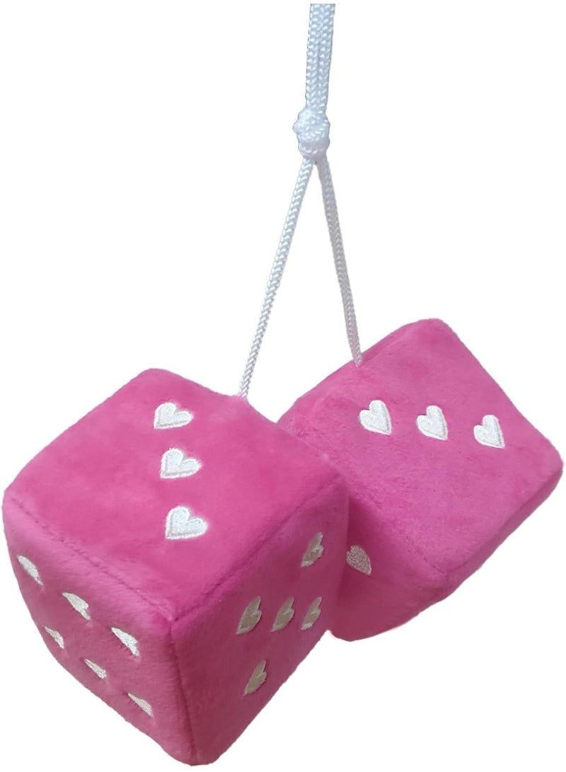 Plush Fuzzy Dice with Hearts for Car Rearview Mirror, 1 Pair, 7x7x7cm, Pink - Image 1