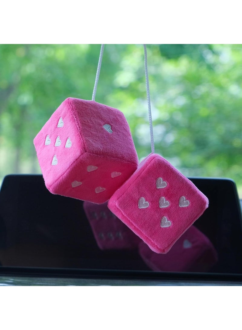Plush Fuzzy Dice with Hearts for Car Rearview Mirror, 1 Pair, 7x7x7cm, Pink - Image 4