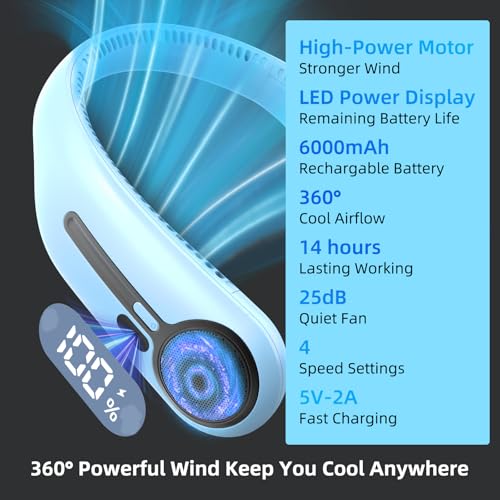 Kinhowly Portable Neck Fan, Personal Wearable Bladeless Fan, 6000mAh USB Rechargeable, 360° Cooling, LED Display, 4-Speeds, Hands Free Fan for Outdoor Indoor, Birthday Gifts for Men Women Dad Mom (Light blue) - Image 3