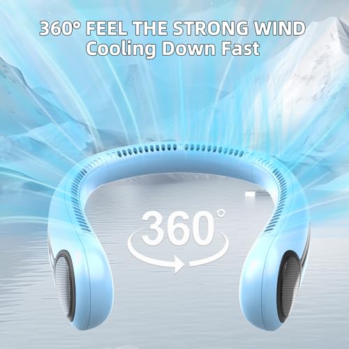 Kinhowly Portable Neck Fan, Personal Wearable Bladeless Fan, 6000mAh USB Rechargeable, 360° Cooling, LED Display, 4-Speeds, Hands Free Fan for Outdoor Indoor, Birthday Gifts for Men Women Dad Mom (Light blue) - Image 2