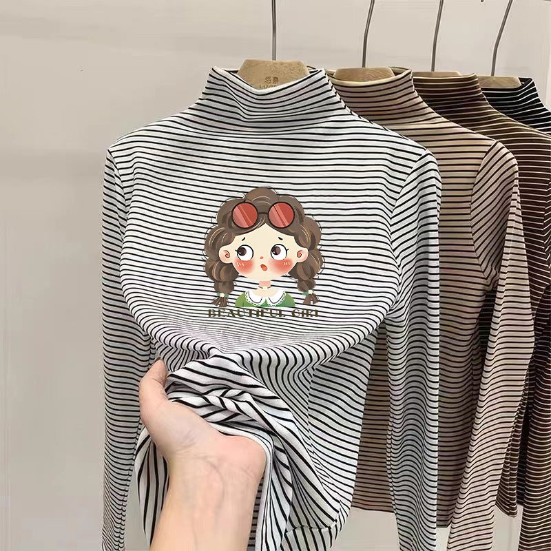 Boys and Girls Striped Double-Sided Velvet Long-Sleeved T-Shirt Base Shirt Women's Autumn and Winter Half-High Collar Warm Inner T-Shirt for Children - Image 5