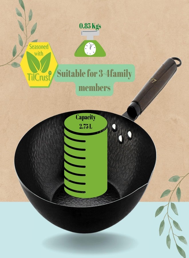 TRILONIUM Carbon Steel Chinese Wok 26 cms, Capacity 2.75 litres | Hammered and Pre-Seasoned - Image 3