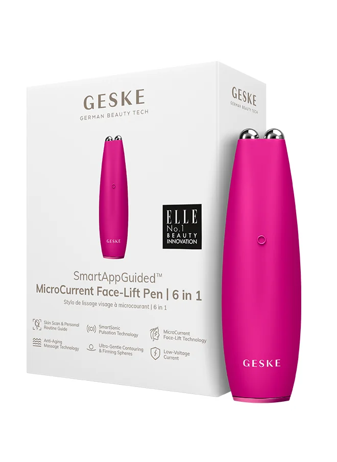 GESKE SmartAppGuided MicroCurrent Face-Lift Pen | 6 in 1 | Anti-aging device | Instant face lift | Skincare tool | Remove wrinkles for firm & youthful skin | Advanced smoothing facial firmer - Magenta