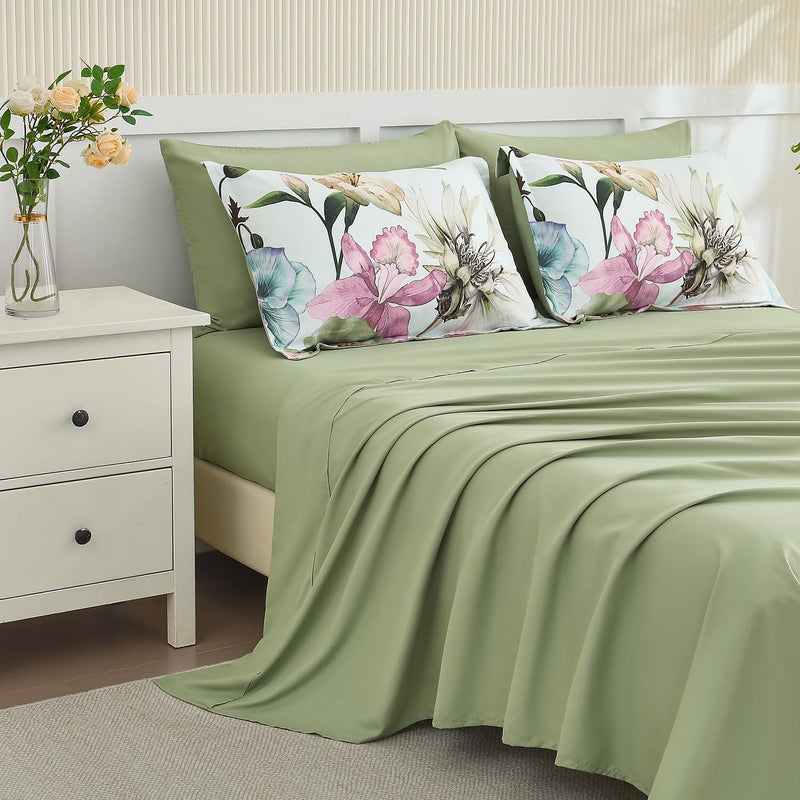 Yogeneg King Size Comforter Set 7 Piece Bed in a Bag,Elegant Floral Botanical Pattern Green Bedding Set,Soft Microfiber Comforter with Sheet Set,All Season Bed Set(Green Floral,King) - Image 4
