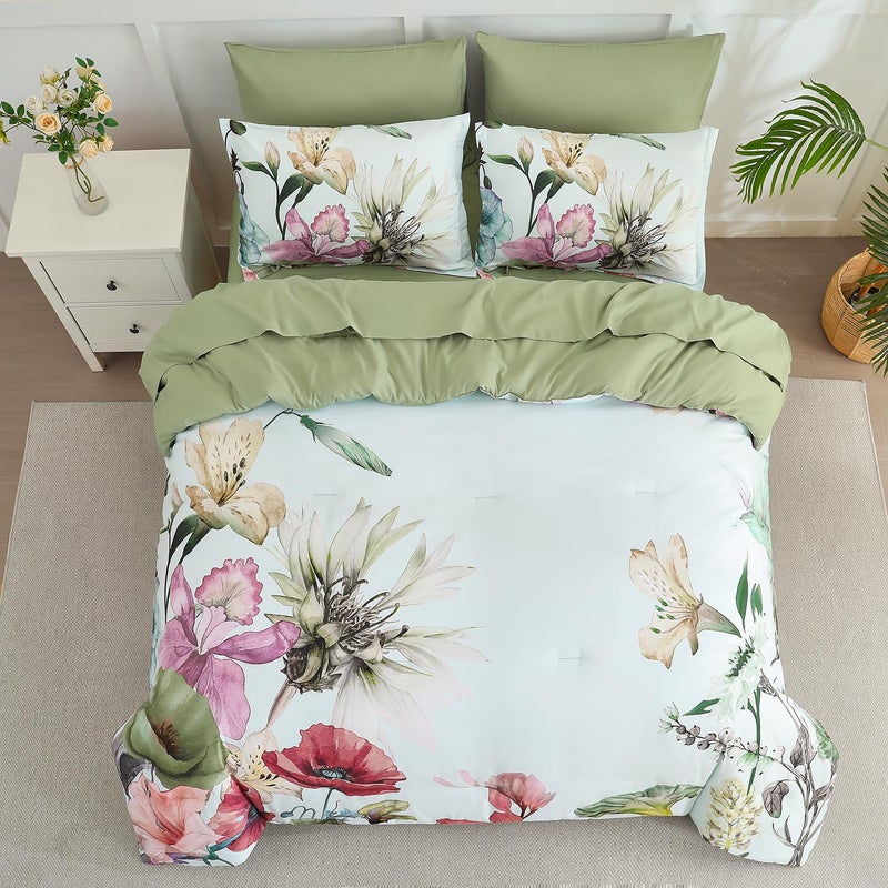 Yogeneg King Size Comforter Set 7 Piece Bed in a Bag,Elegant Floral Botanical Pattern Green Bedding Set,Soft Microfiber Comforter with Sheet Set,All Season Bed Set(Green Floral,King) - Image 3