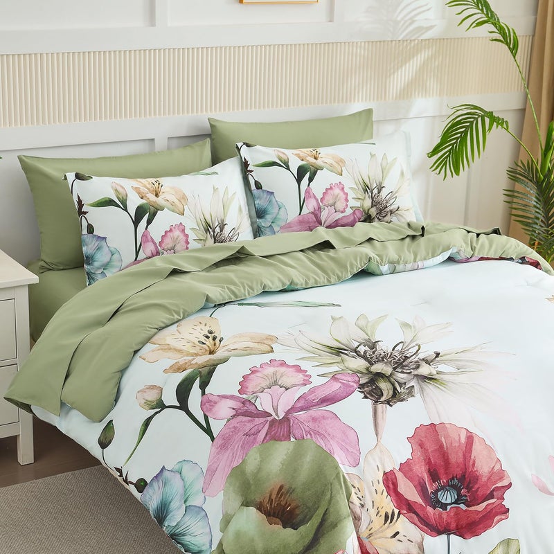 Yogeneg King Size Comforter Set 7 Piece Bed in a Bag,Elegant Floral Botanical Pattern Green Bedding Set,Soft Microfiber Comforter with Sheet Set,All Season Bed Set(Green Floral,King) - Image 2