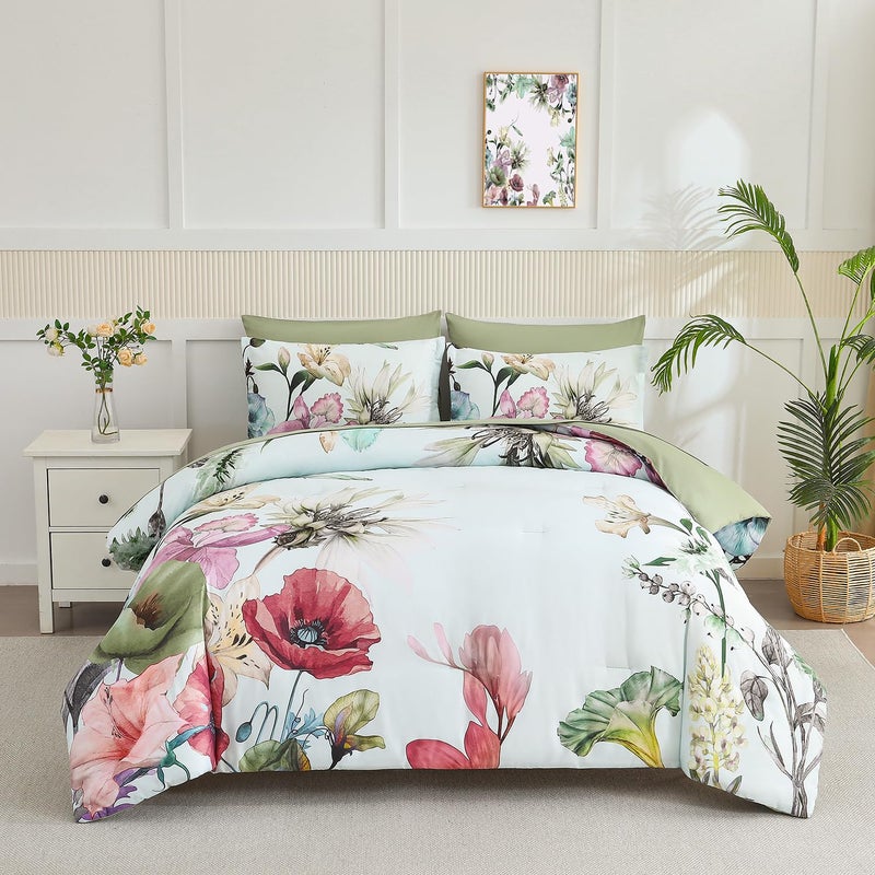 Yogeneg King Size Comforter Set 7 Piece Bed in a Bag,Elegant Floral Botanical Pattern Green Bedding Set,Soft Microfiber Comforter with Sheet Set,All Season Bed Set(Green Floral,King) - Image 1