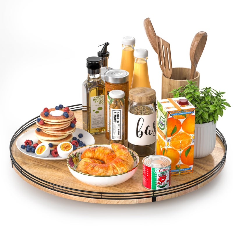 AMH 21" Lazy Susan Oak Wood Turntable Organizer for Cabinet, Farmhouse Round Wooden Large Lazy Susan Organization and Storage for Dining Table, Pantry, Kitchen, Countertop, Cupboard, Home Decor - Image 1