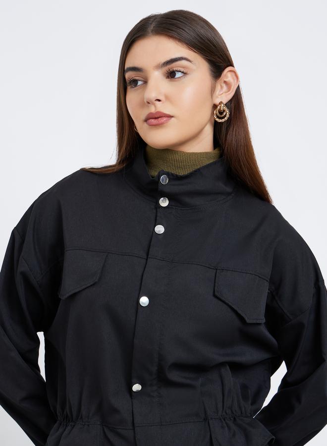 ستايلي جاكيت سادة طويل بأزرار وسحَّاب غلق مع جيوب - Image 5