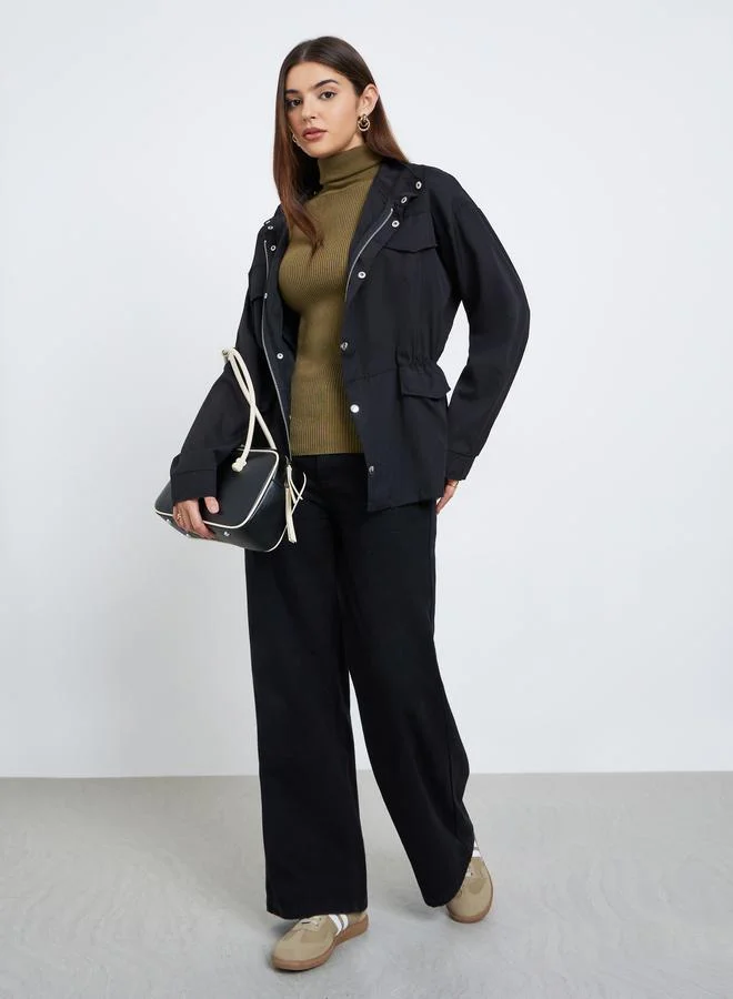 ستايلي جاكيت سادة طويل بأزرار وسحَّاب غلق مع جيوب