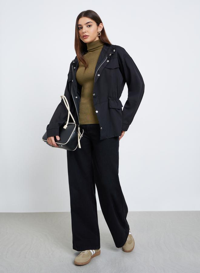 ستايلي جاكيت سادة طويل بأزرار وسحَّاب غلق مع جيوب - Image 2