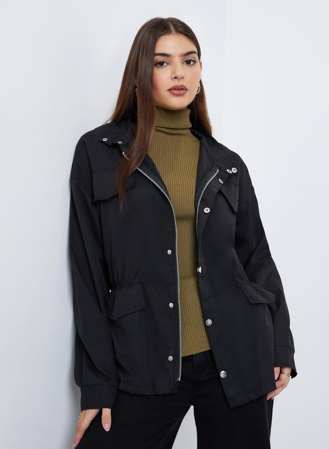 ستايلي جاكيت سادة طويل بأزرار وسحَّاب غلق مع جيوب - Image 3