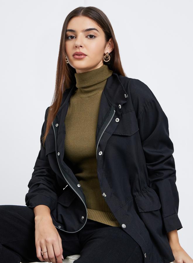 ستايلي جاكيت سادة طويل بأزرار وسحَّاب غلق مع جيوب - Image 1