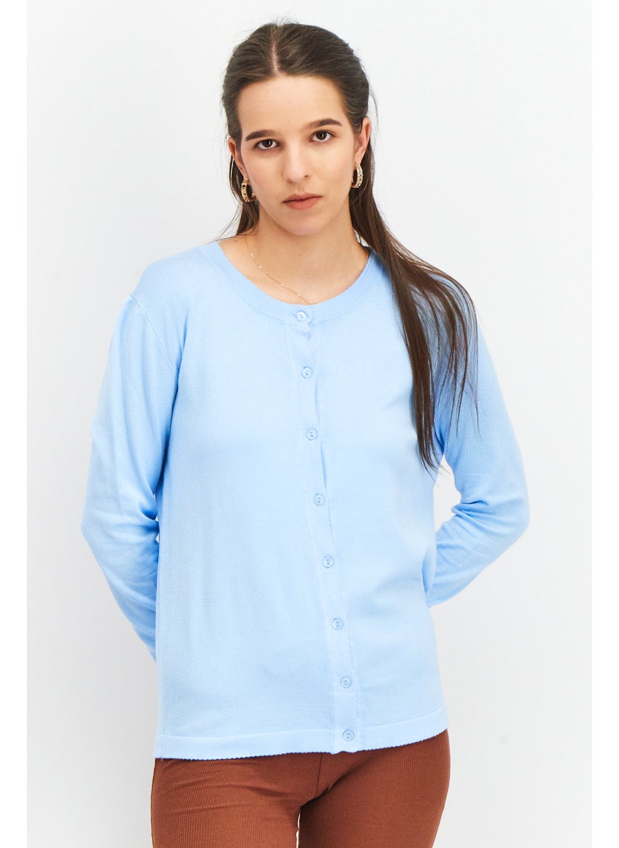 Tchibo Women Round Neck Long Sleeve Fine Knit Cardigan, Light Blue  - Image 1