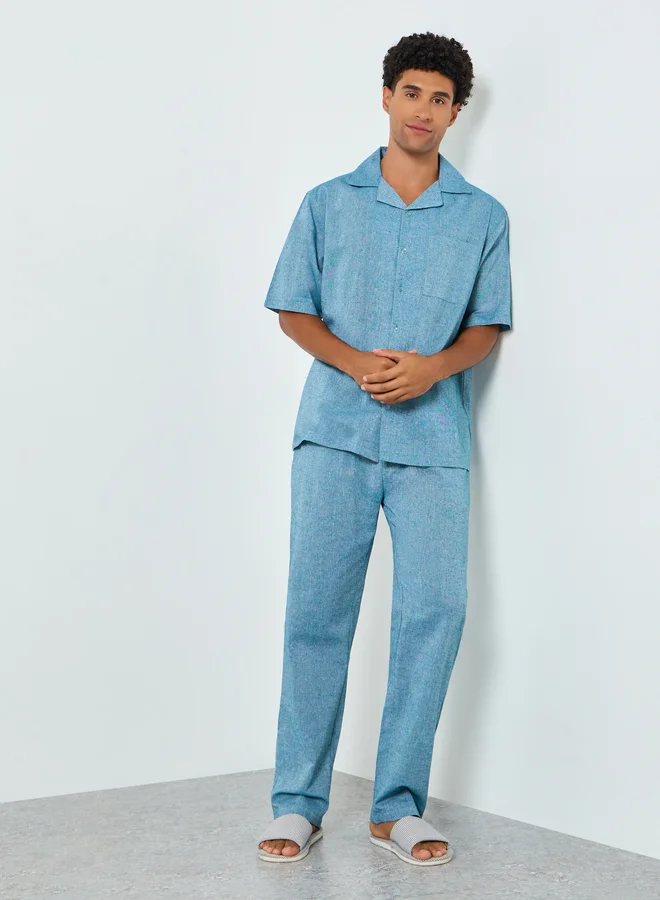 Blue Cotton Relaxed Shirt and Pyjama Set