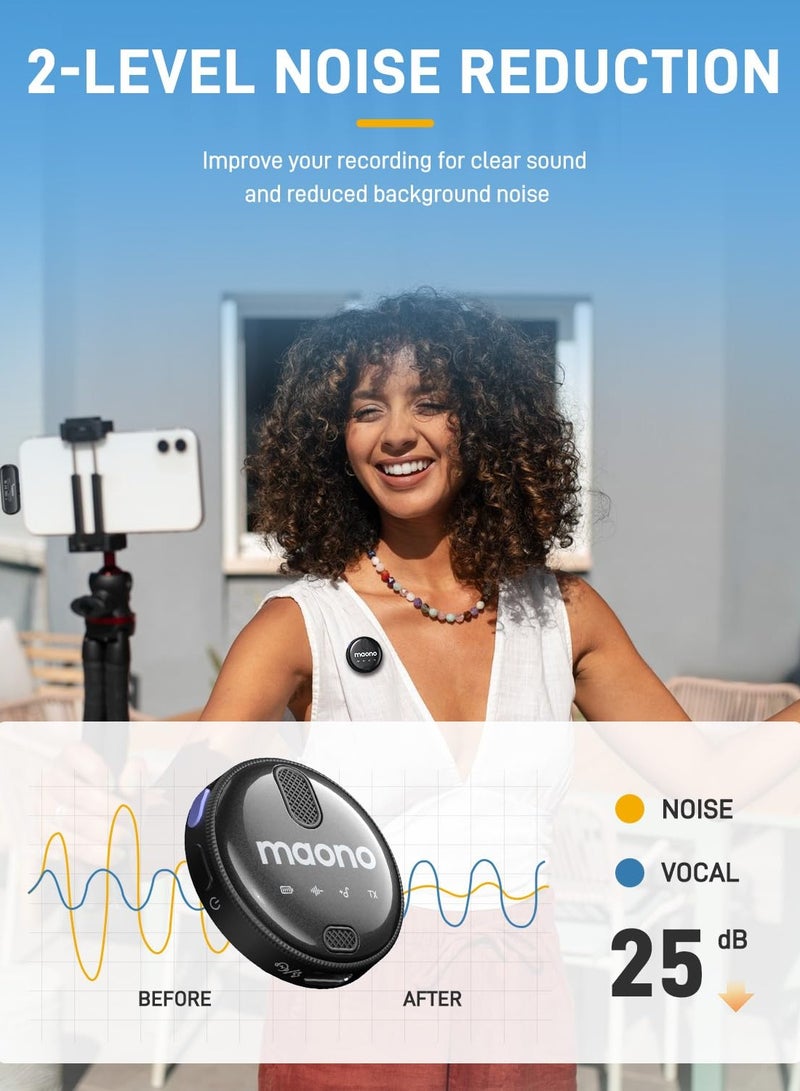 Maono WM620PC2 Wireless Collar Mic – Noise Cancelling Lapel Mic for Type-C Devices, PC| 100m Range, Dual Mic, Clip-On Design – Black - Image 2