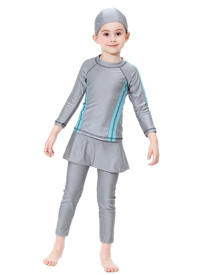Loquat Girls 3-Piece Swimwear Set Conservative Style Long Sleeve Burkinis Swimsuit Grey/Blue  - Image 1