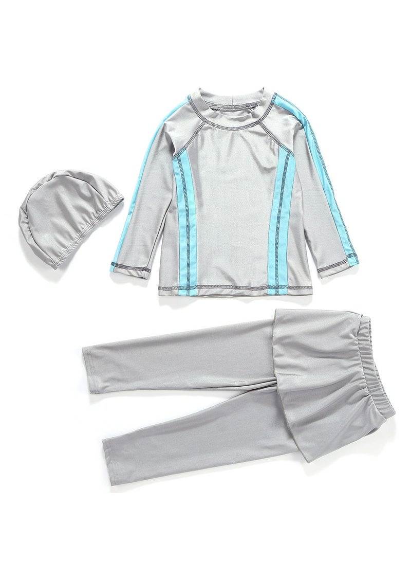 Loquat Girls 3-Piece Swimwear Set Conservative Style Long Sleeve Burkinis Swimsuit Grey/Blue  - Image 2
