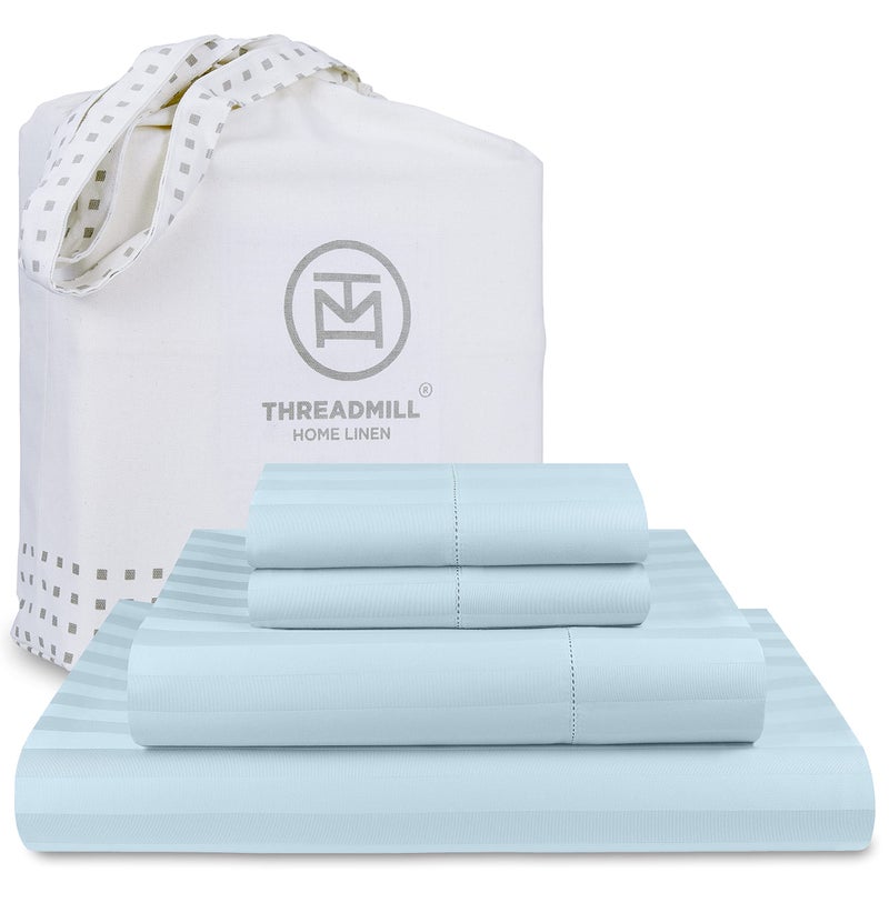 Threadmill Threadmill 500 Thread Count King Size Damask Stripe  4 Pc Luxury Cotton Bed Sheet Set  Breathable Light Blue Sheets with 16"" Elasticized Deep Pocket  2 Pillowcases & Free Tote Bag  - Image 1