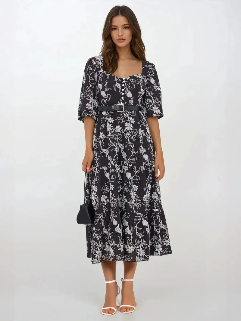 HICCUP Embroidered Sweetheart Neck Tiered Maxi Dress with a Puff Sleeves