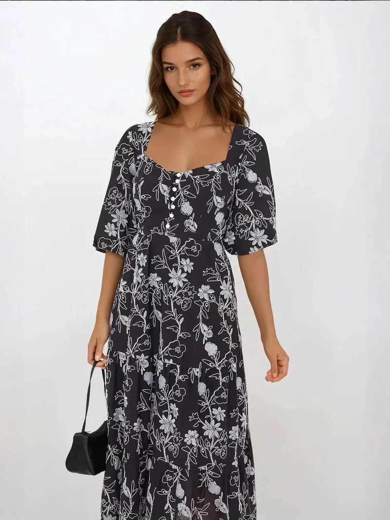 HICCUP Embroidered Sweetheart Neck Tiered Maxi Dress with a Puff Sleeves