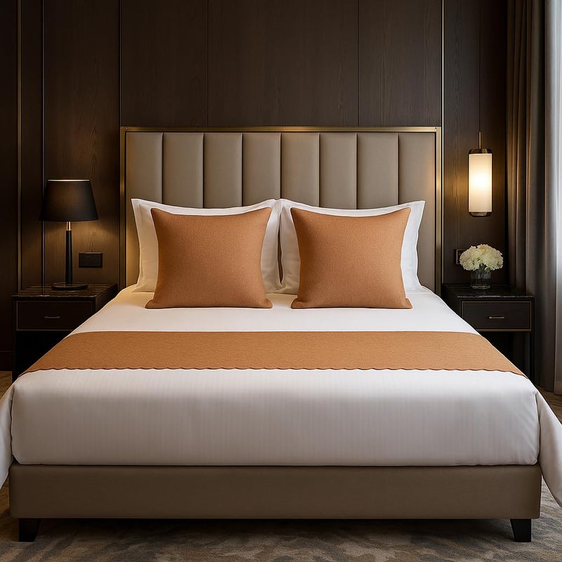 Décor Bed Runner Set with 2 Cushion Covers (16x16) – Hotel-Style, Colorfast & Machine-Washable – Fits Queen/King – Coffee Brown Damask (Pattern)