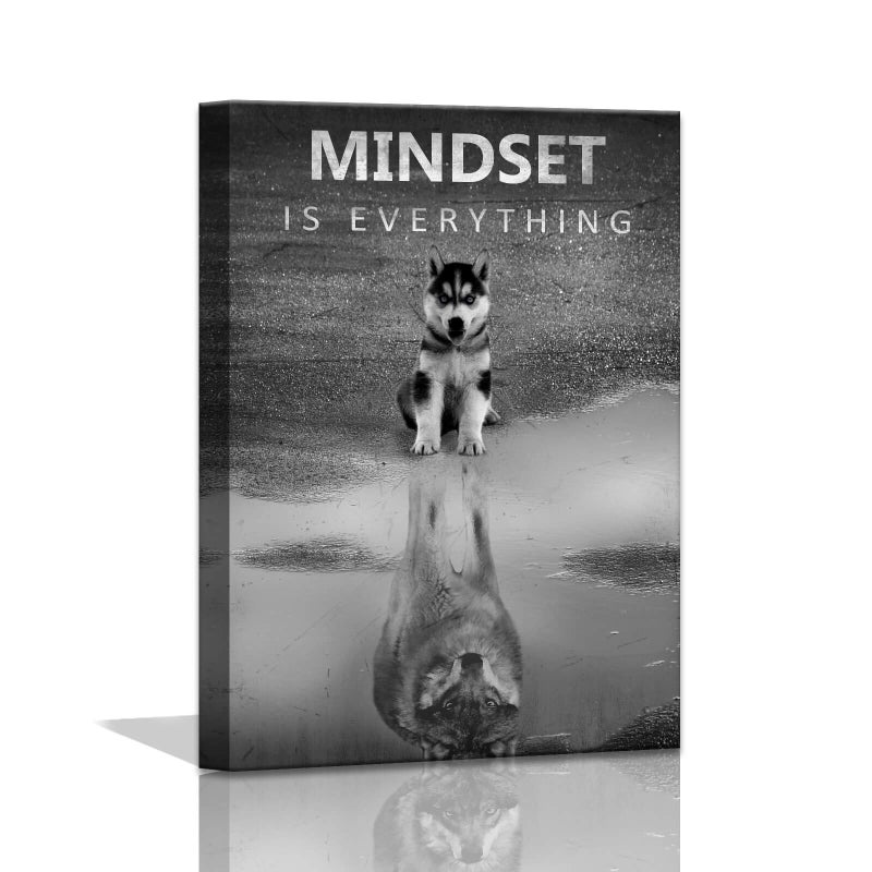Modern Motivational Bedroom Mindset is Everything Inspirational Wall Art for Office Wolf Motto Artwork Wall Decor Black and White Canvas Framed 12x16inch