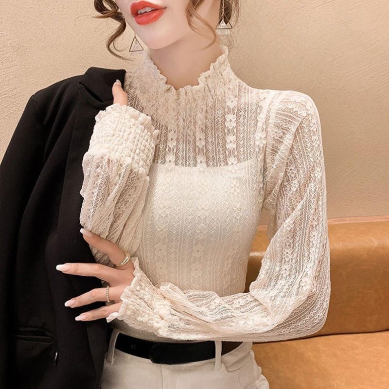 YEKEYI Lace Tops for Women Long Sleeve Mock Neck Sheer Blouse See Through Floral Lace Tops Beige - Image 2