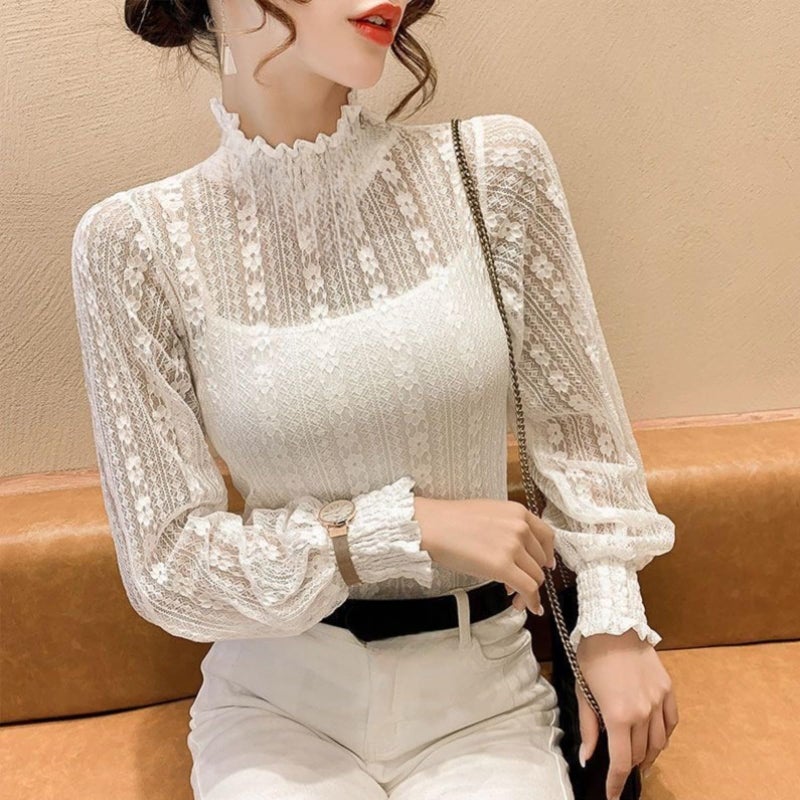YEKEYI Lace Tops for Women Long Sleeve Mock Neck Sheer Blouse See Through Floral Lace Tops Beige - Image 3