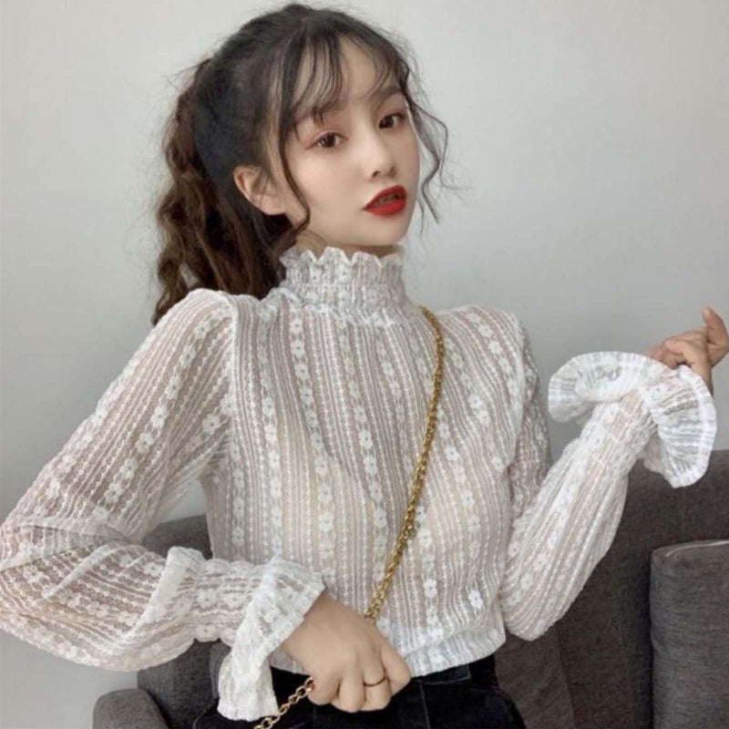 YEKEYI Lace Tops for Women Long Sleeve Mock Neck Sheer Blouse See Through Floral Lace Tops Beige - Image 5