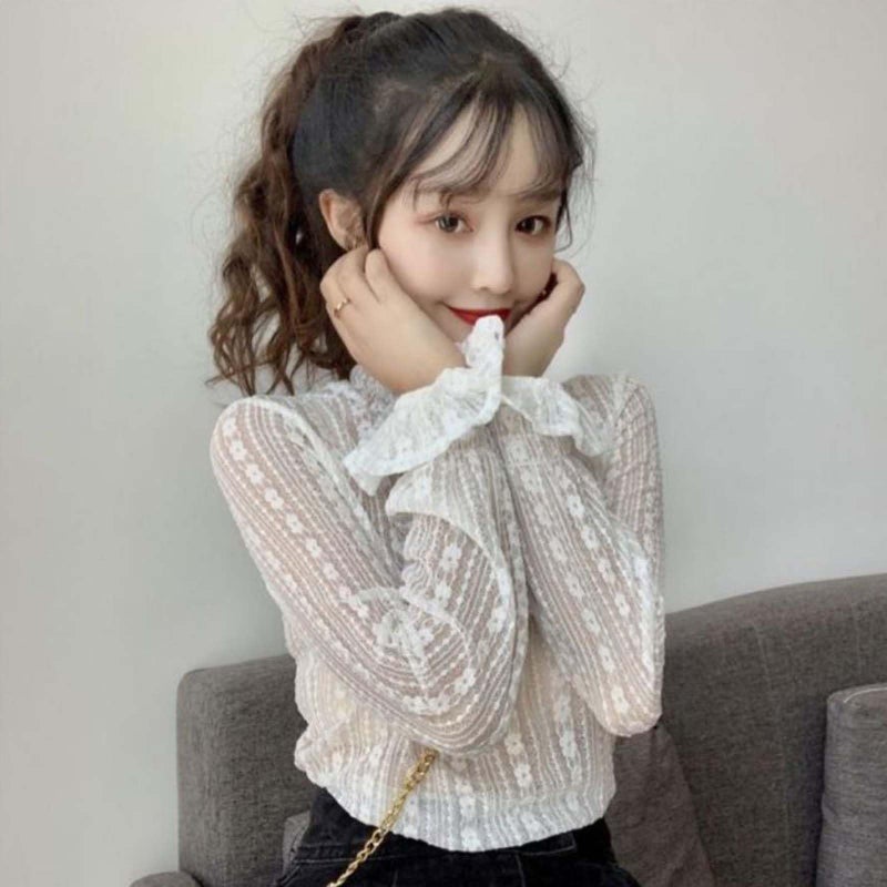 YEKEYI Lace Tops for Women Long Sleeve Mock Neck Sheer Blouse See Through Floral Lace Tops Beige - Image 4