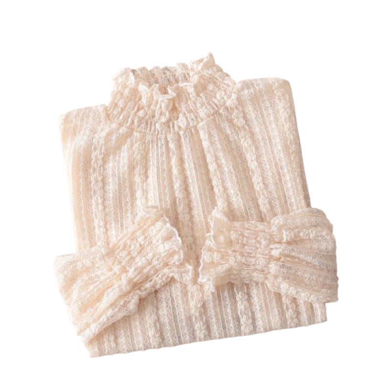 YEKEYI Lace Tops for Women Long Sleeve Mock Neck Sheer Blouse See Through Floral Lace Tops Beige - Image 1