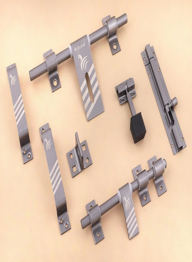 Jovial 3007 Stainless Steel Door Kit for Single Door/Door Hardware/Door Accessories (9.5" - 1 Aldrop, 7.5" - 1 Latch, 2 Handles, 1 Tower Bolt and 1 Door Stopper, Finish : Black, Satin)