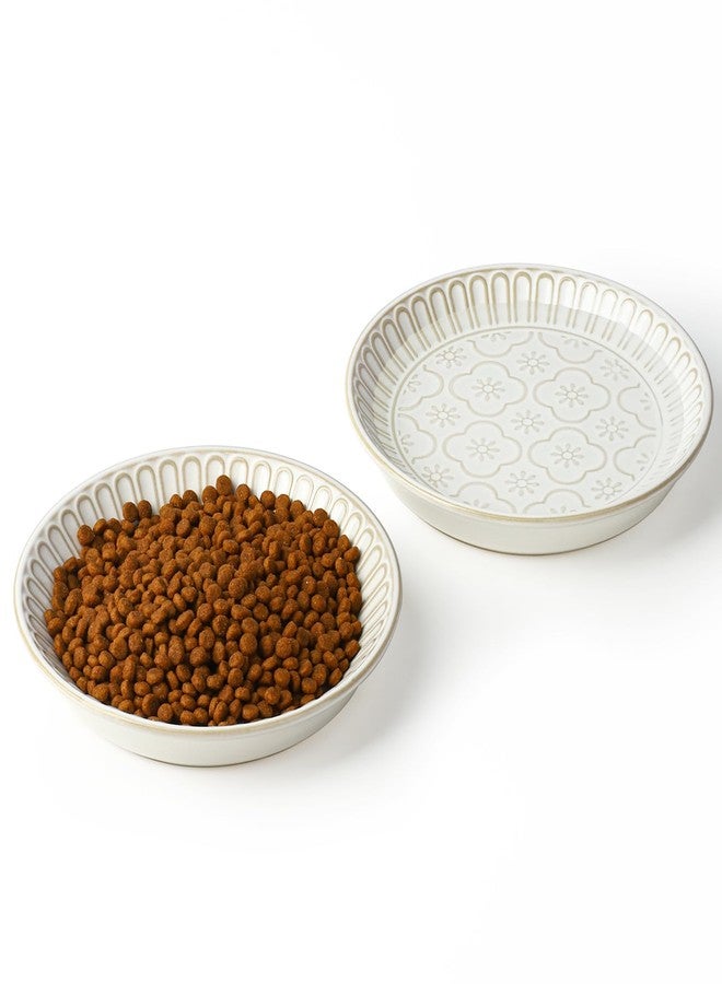 Lfpkixise Shallow Cat Food Bowl Embossed, 6.1 inch Ceramic Cat Bowls for Food and Water, Set of 2 Wide Whisker Fatigue Pet Dishes Food Plates for Cats Small Dog Puppies Kittens - Image 1