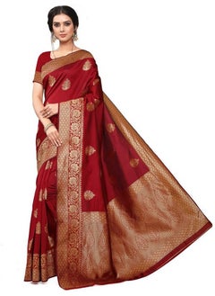 Leeza Store leeza store Women's Jacquard Banarasi Kanjivaram || Kanchipuram Silk Blend Golden Zari Butta Ethnic Motif Woven Saree With Blouse Piece (Maroon - Golden)  - Image 1