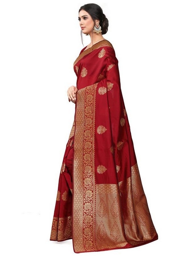 Leeza Store leeza store Women's Jacquard Banarasi Kanjivaram || Kanchipuram Silk Blend Golden Zari Butta Ethnic Motif Woven Saree With Blouse Piece (Maroon - Golden)  - Image 2