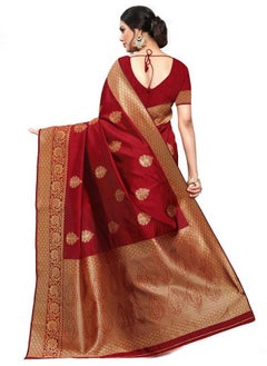Leeza Store leeza store Women's Jacquard Banarasi Kanjivaram || Kanchipuram Silk Blend Golden Zari Butta Ethnic Motif Woven Saree With Blouse Piece (Maroon - Golden)  - Image 4