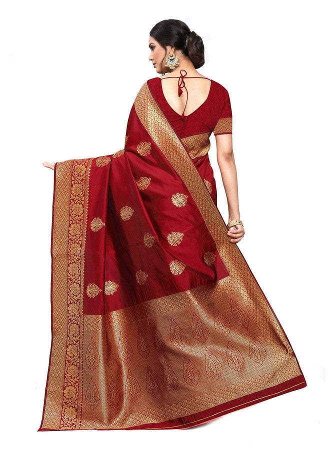 Leeza Store leeza store Women's Jacquard Banarasi Kanjivaram || Kanchipuram Silk Blend Golden Zari Butta Ethnic Motif Woven Saree With Blouse Piece (Maroon - Golden)  - Image 5