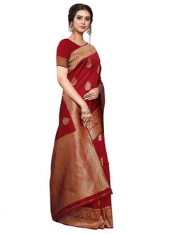 Leeza Store leeza store Women's Jacquard Banarasi Kanjivaram || Kanchipuram Silk Blend Golden Zari Butta Ethnic Motif Woven Saree With Blouse Piece (Maroon - Golden)  - Image 3