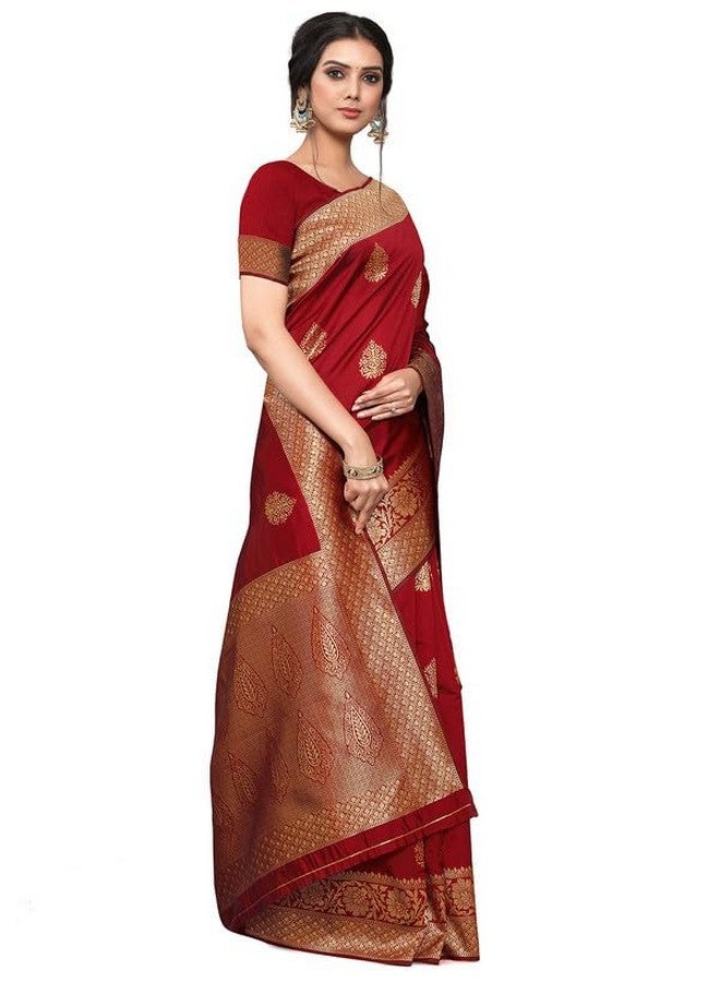 Leeza Store leeza store Women's Jacquard Banarasi Kanjivaram || Kanchipuram Silk Blend Golden Zari Butta Ethnic Motif Woven Saree With Blouse Piece (Maroon - Golden)  - Image 3