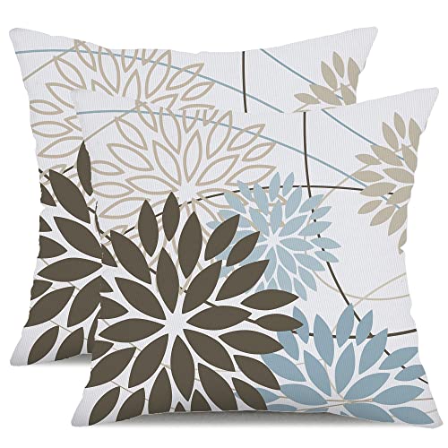 DFXSZ Brown Blue Flower Pillow Covers 18x18 Inch Set of 2 Summer Outdoor Waterproof Decor for Home Patio Funiture Garden Living Room Modern Art Floral Polyester Square Cushion Cover 01F18 - Image 1