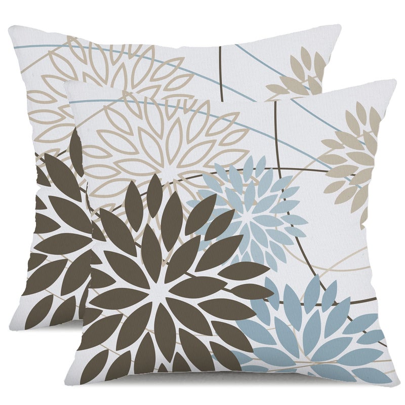 DFXSZ Brown Blue Flower Pillow Covers 18x18 Inch Set of 2 Summer Outdoor Waterproof Decor for Home Patio Funiture Garden Living Room Modern Art Floral Polyester Square Cushion Cover 01F18 - Image 2