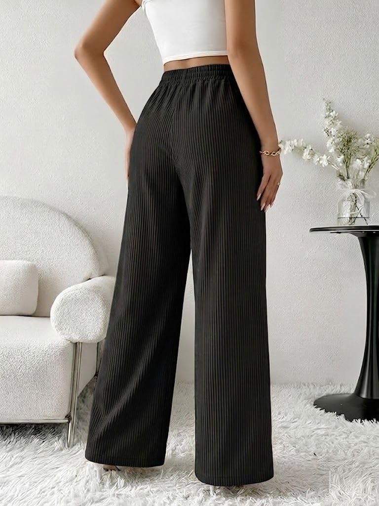 SMOWKLY Authentics Women's Trendy Casual Stretchable Baggy Loose Korean Trouser with Pockets || High Rise Elastic Waist Going Out Lounge Pants || Wide Leg Sweatpant for Woman(1679_BLK_XXL) - Image 3