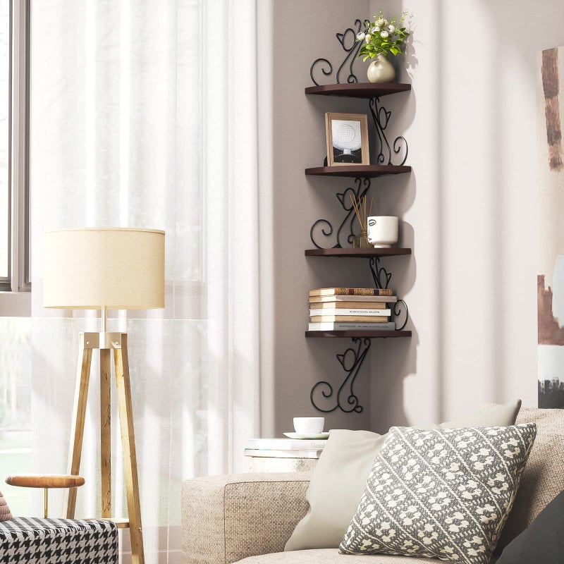 Alsonerbay Corner Shelf Wall Mount, 4 Tier Floating Shelves for Wall, Easy-to-Assemble Wall Shelves Rustic Wood Decor for Bedroom Living Room Bathroom Kitchen Office, Walnut Finish - Image 4